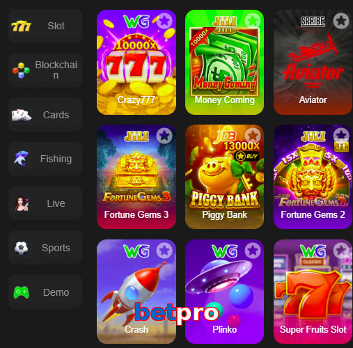 Main screen of Betpro game page for PK players